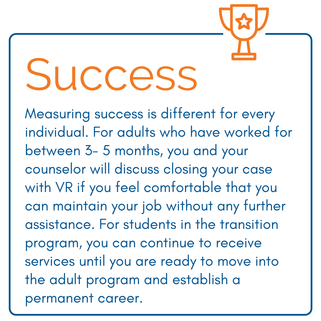 Success - Measuring success is different for every individual. For adults who have worked for between 3- 5 months, you and your counselor will discuss closing your case with VR if you feel comfortable that you can maintain your job without any further assistance. For students in the transition program, you can continue to receive services until you are ready to move into the adult program and establish a permanent career.