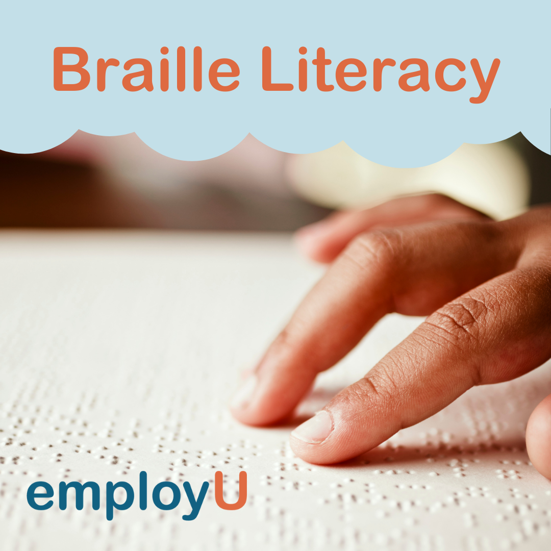 Braille Literacy title with someone reading Braille