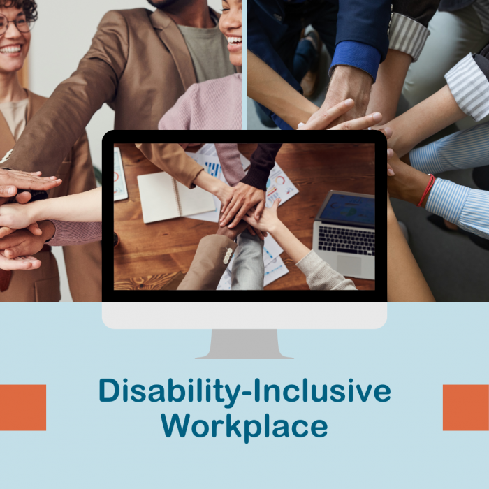 Computer Screen showing employees and words disability-inclusive workplace