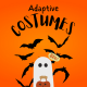 Adaptive Costumes Text with Trick or treater dressed in a ghost costume